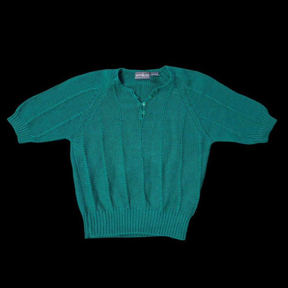 Vintage Green Knit Sweater Medium Short Sleeve Hong Kong Yarnworks 1980s Retro - Picture 2 of 6